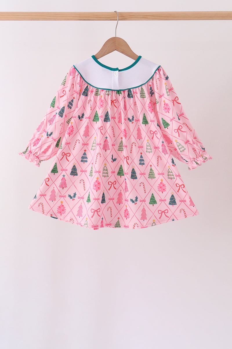 Pink Christmas Tree Embroidery Dress
