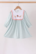 Sage Turkey Embroidery Gingham Ruffle Dress