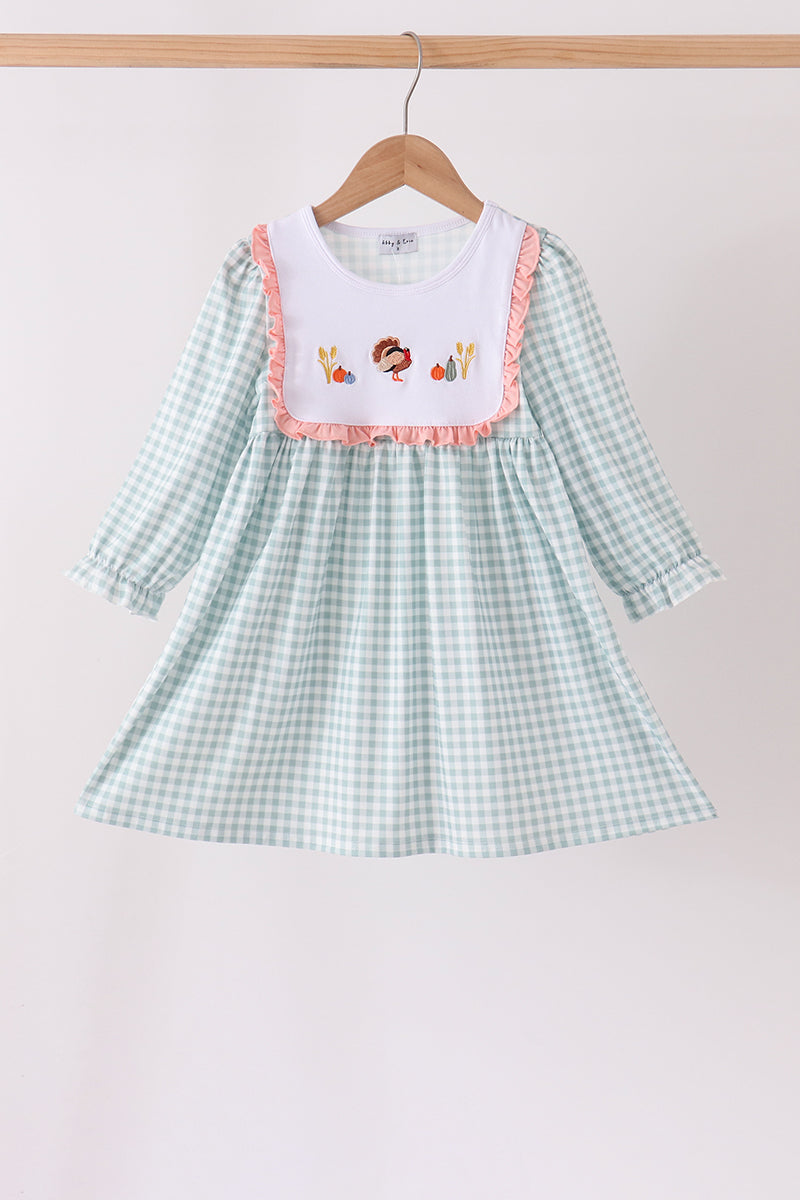 Sage Turkey Embroidery Gingham Ruffle Dress