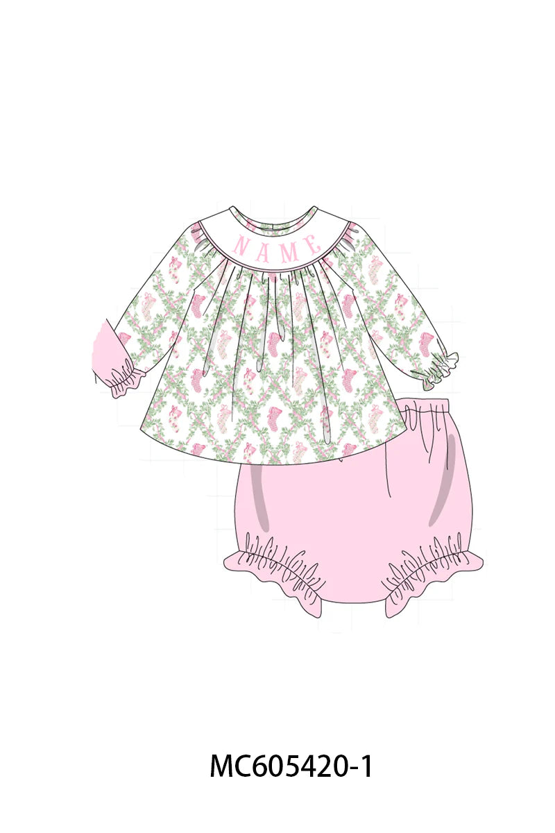 PO93 Pink holiday floral socks monogram embroidery collection - Diaper Set