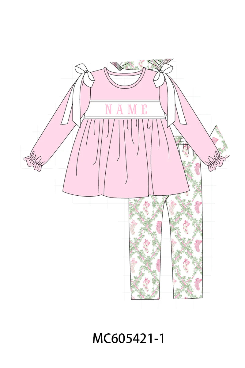 PO93 Pink holiday floral socks monogram embroidery collection - Pant Set