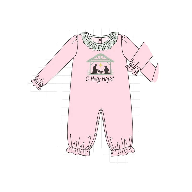 PO93 Pink&navy nativity embroidery ruffle gingham collection - Girls Romper