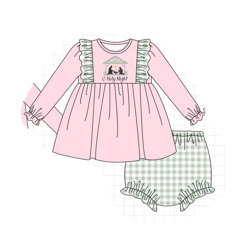 PO93 Pink&navy nativity embroidery ruffle gingham collection - Diaper Set