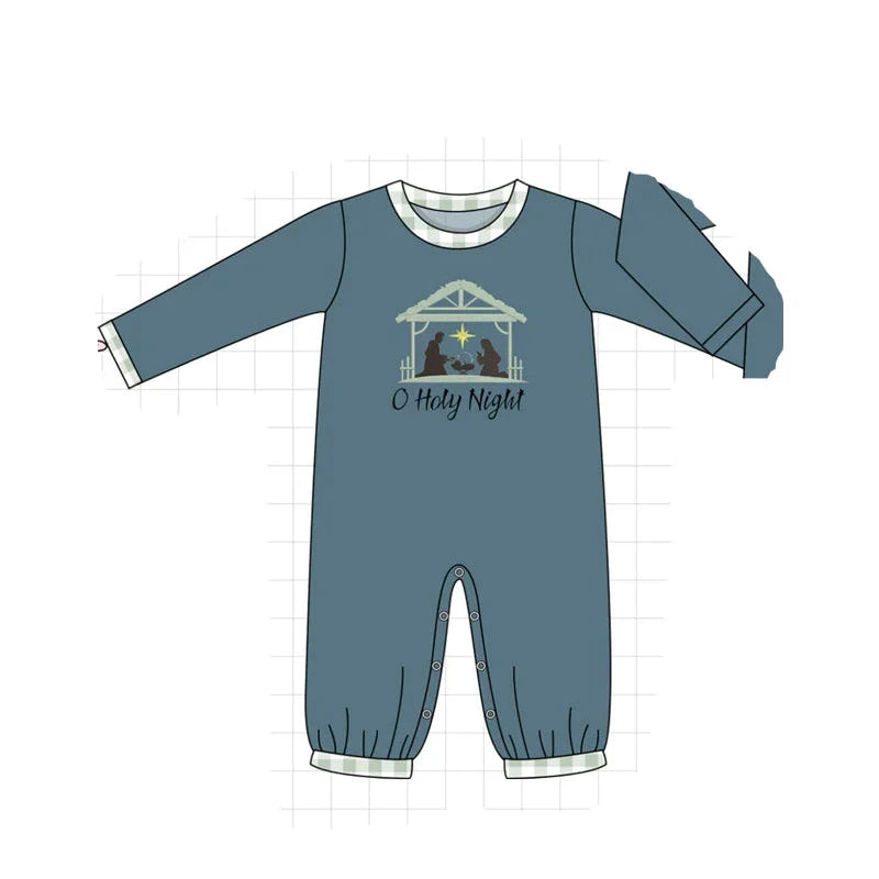 PO93 Pink&navy nativity embroidery ruffle gingham collection - Boys Romper