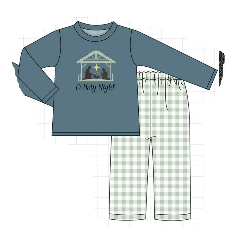 PO93 Pink&navy nativity embroidery ruffle gingham collection - Boys Pant Set
