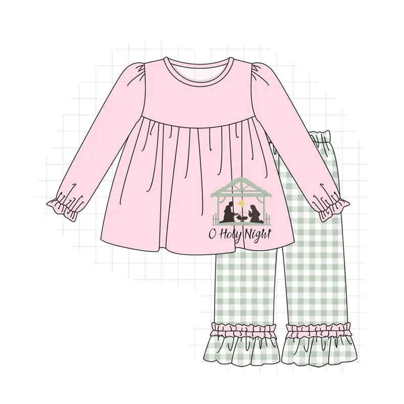 PO93 Pink&navy nativity embroidery ruffle gingham collection - Girls Pant Set