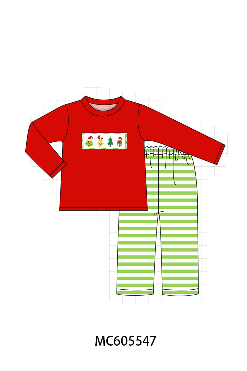 PO93 Green stripe christmas grinch embroidery collection - Boys Pant Set