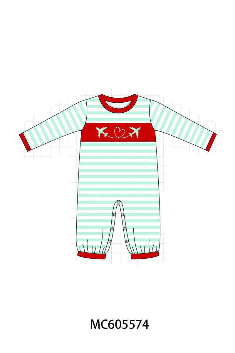 PO95 Blue stripe valentine's day airplane embroidery collection - Boy Romper