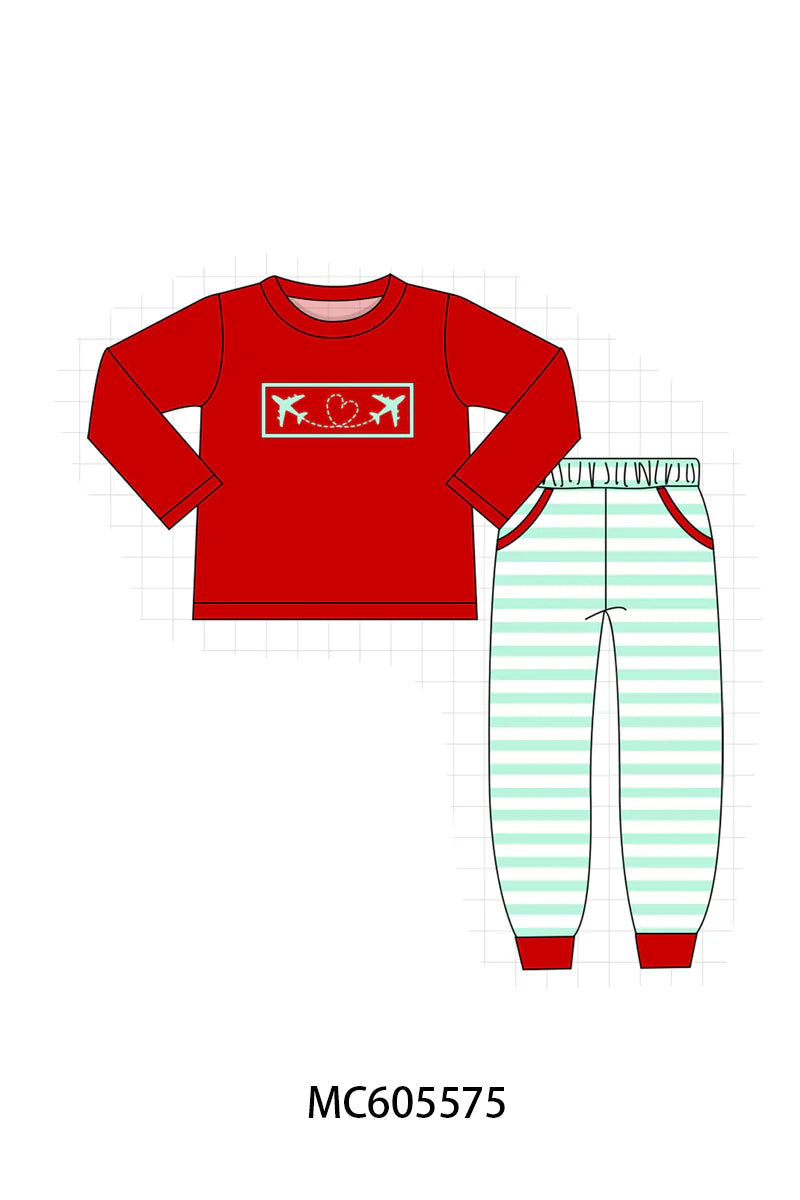 PO95 Blue stripe valentine's day airplane embroidery collection - Boy Pant Set