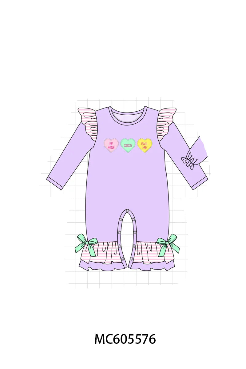 PO95 Purple valentine's day heart applique stripe collection - Romper