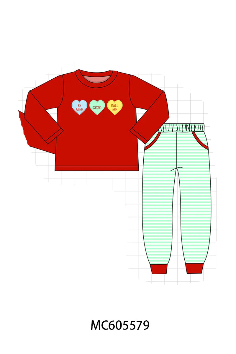 PO95 Purple valentine's day heart applique stripe collection - Boys Pant Set
