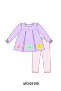 PO95 Purple valentine's day heart applique stripe collection - Girl Pant Set