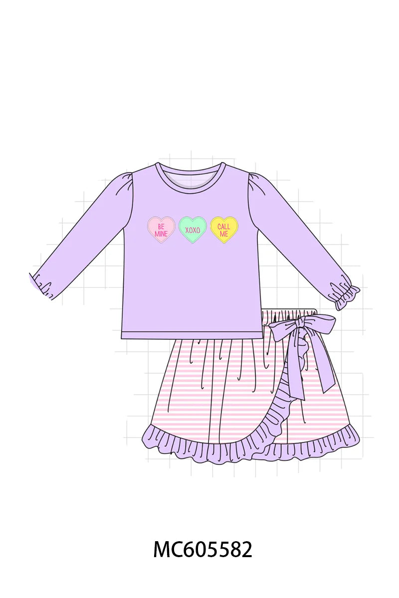 PO95 Purple valentine's day heart applique stripe collection - Skort Set