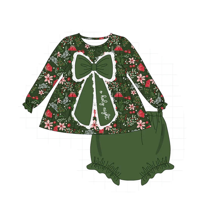PO93 Green floral print bow collection - Diaper set