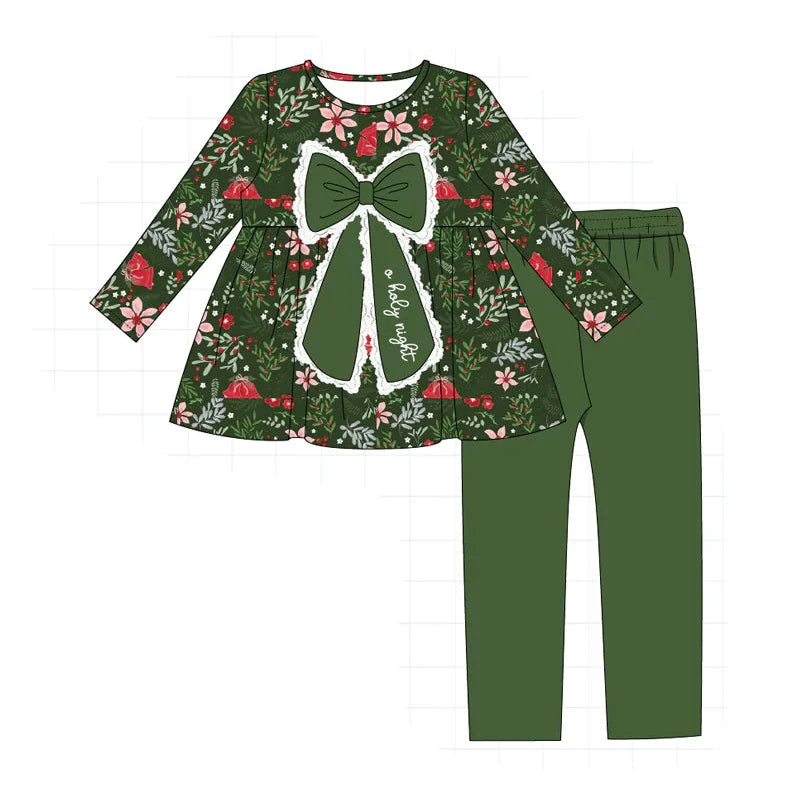 PO93 Green floral print bow collection - Girls Pant Set