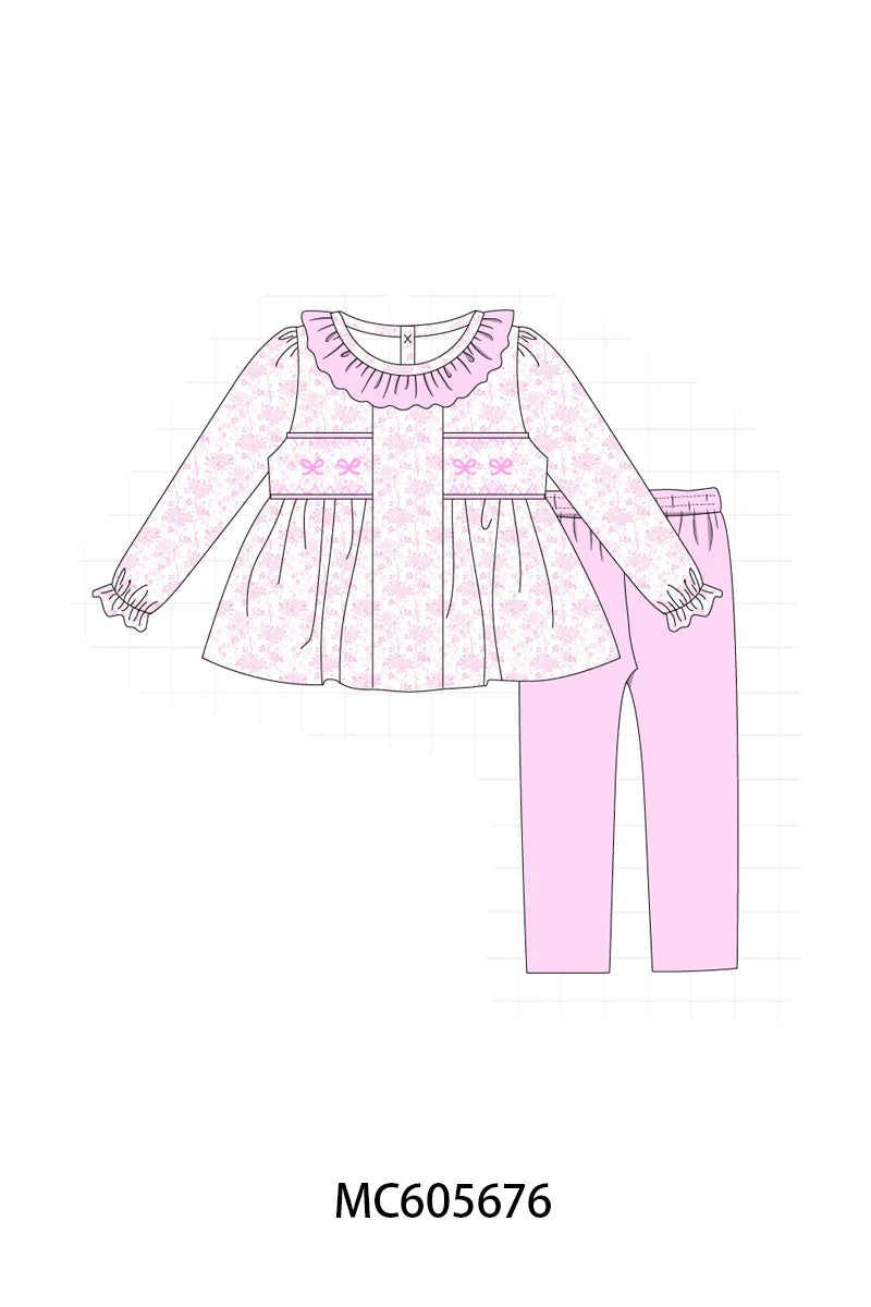 PO95 Pink bow smocked ruffle collection - Girl Pant Set
