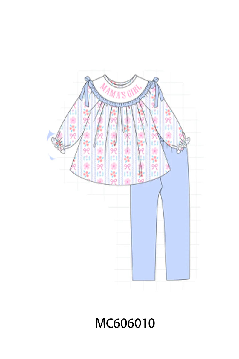 PO95 Blue MAMA'S GIRL embroidery floral collection - Girl Pant Set