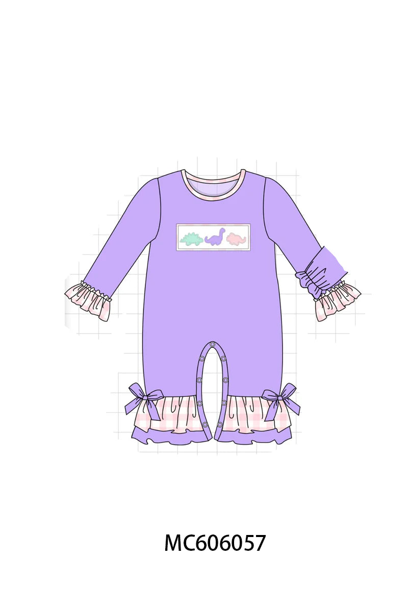 PO95 Purple&mustard dinosaur applique gingham collection - Dress