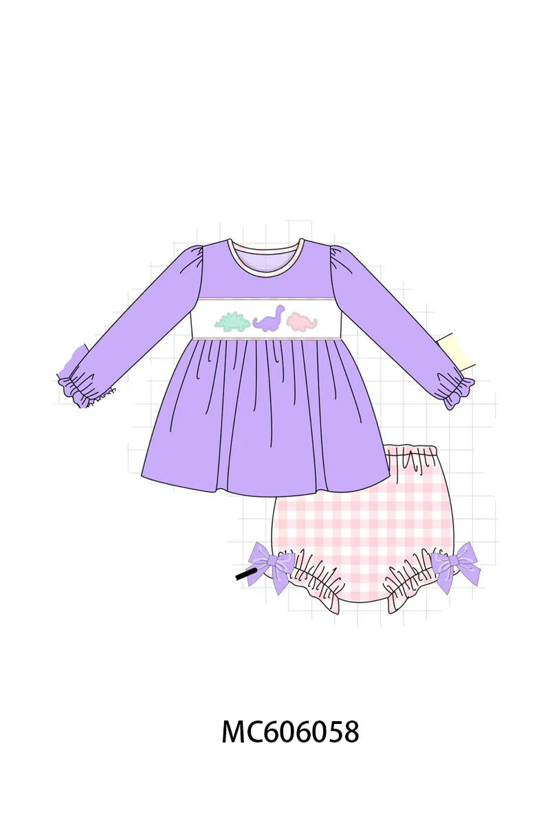 PO95 Purple&mustard dinosaur applique gingham collection - Dress
