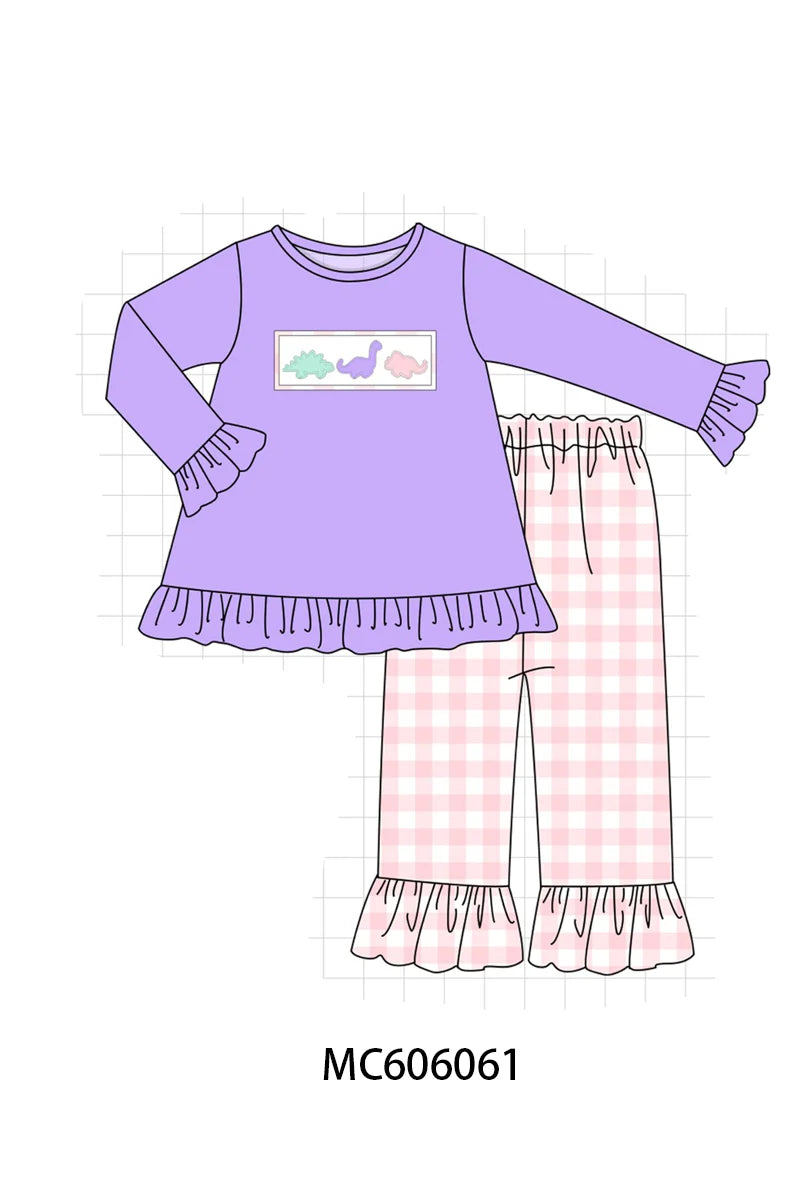 PO95 Purple&mustard dinosaur applique gingham collection - Dress