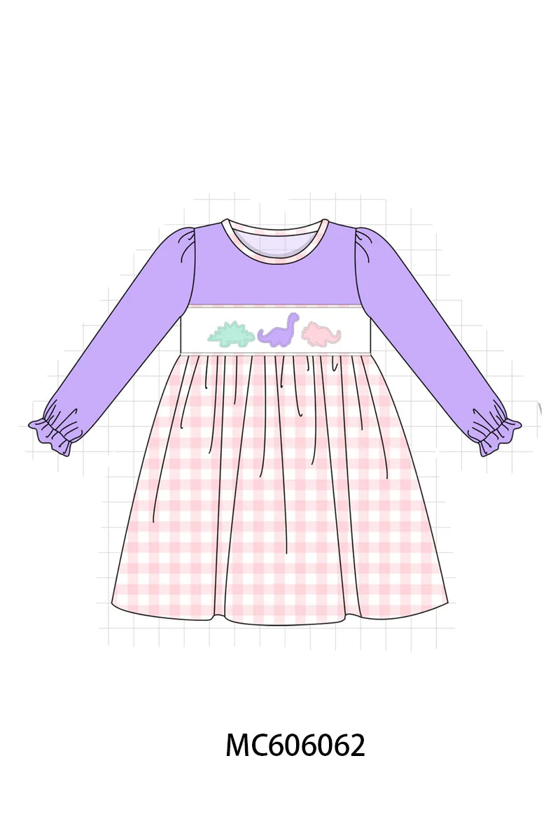 PO95 Purple&mustard dinosaur applique gingham collection - Dress