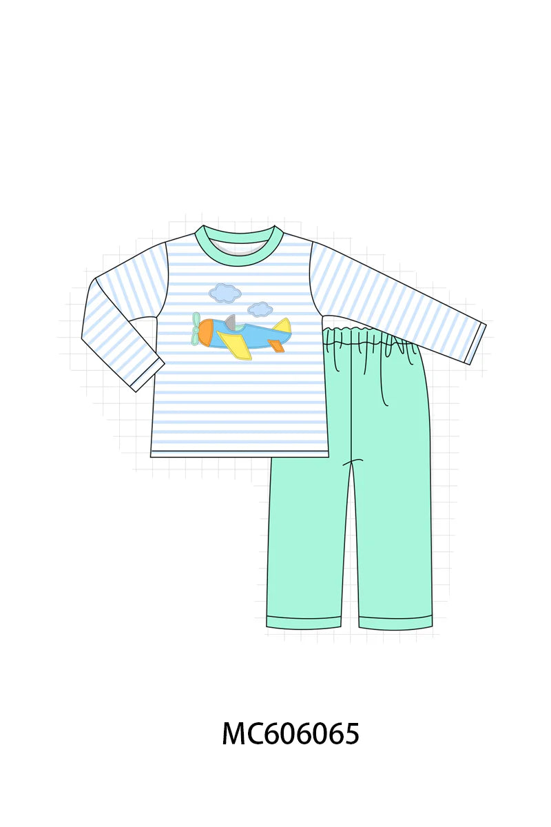 PO95 Mint airplane applique stripe collection - Boy Pant Set