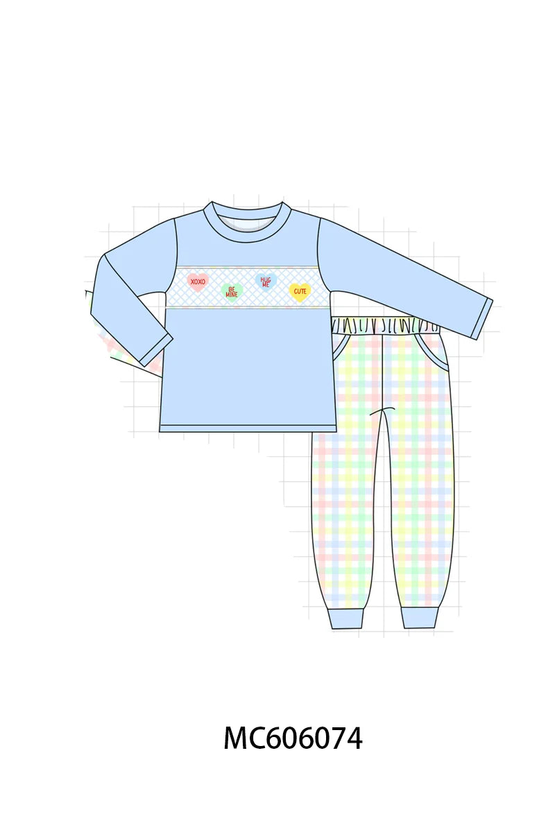 PO95 Pink heart smocked plaid collection - Boy Pant Set