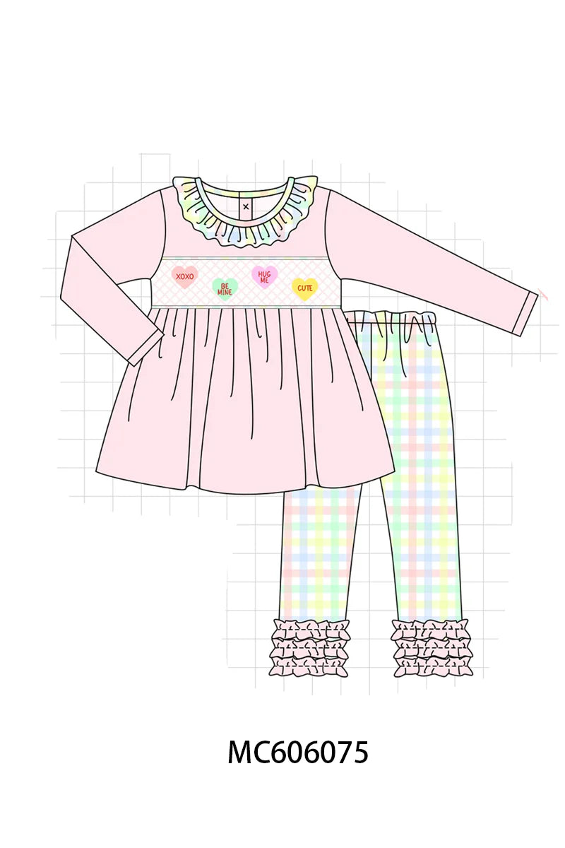 PO95 Pink heart smocked plaid collection - Girls Pant Set