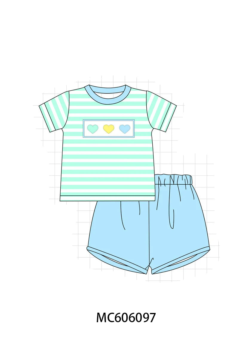 PO95 Rainbow stripe valentine heart applique collection - Boy Short Set