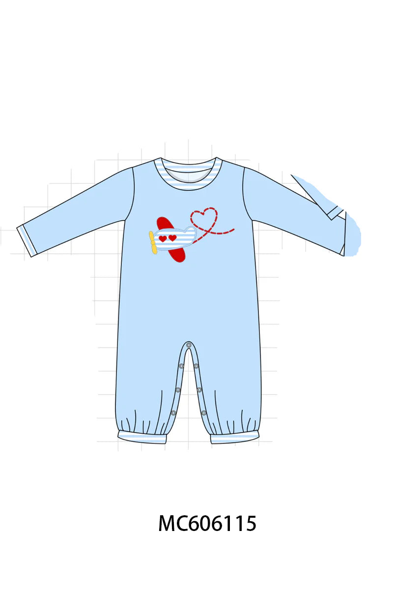 PO95 Blue valentine's day airplane applique collection - Boys Romper
