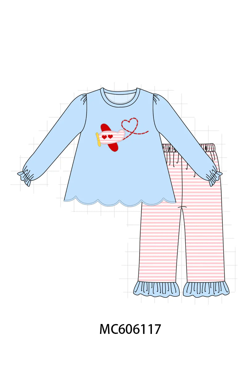 PO95 Blue valentine's day airplane applique collection - Girl Pant Set