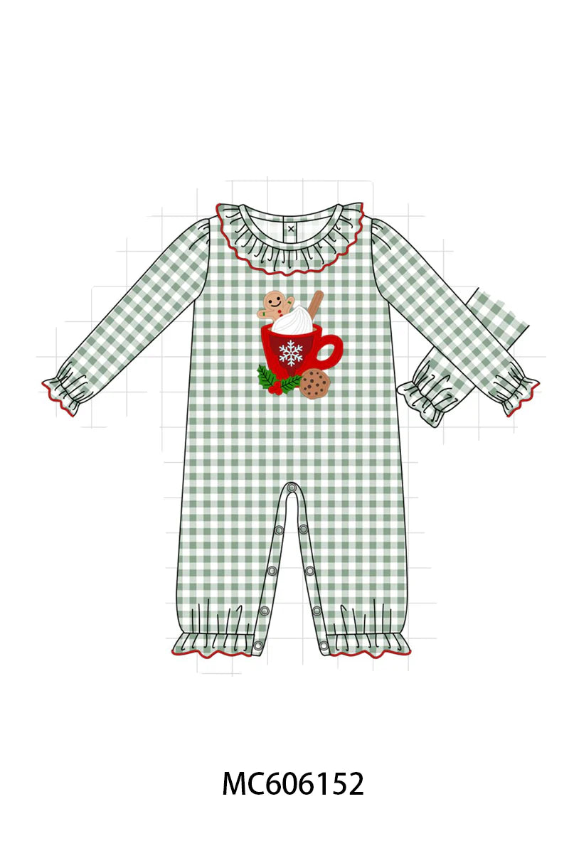 PO95 Red christmas gingerbread applique gingham collection - Girl Romper