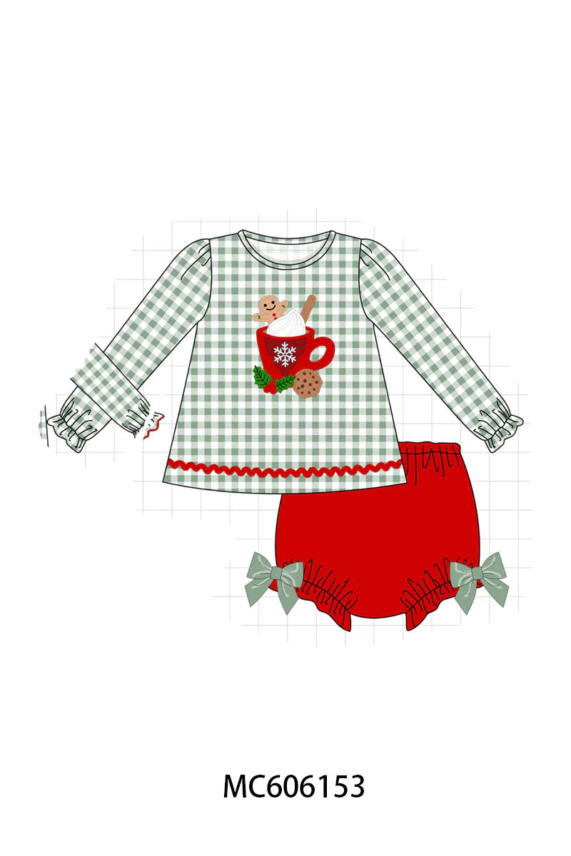 PO95 Red christmas gingerbread applique gingham collection - Bloomer Set