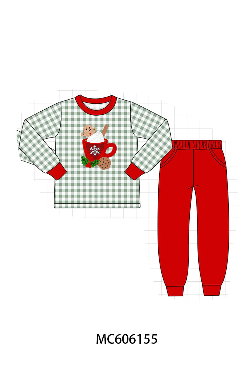 PO95 Red christmas gingerbread applique gingham collection - Boy Pant Set