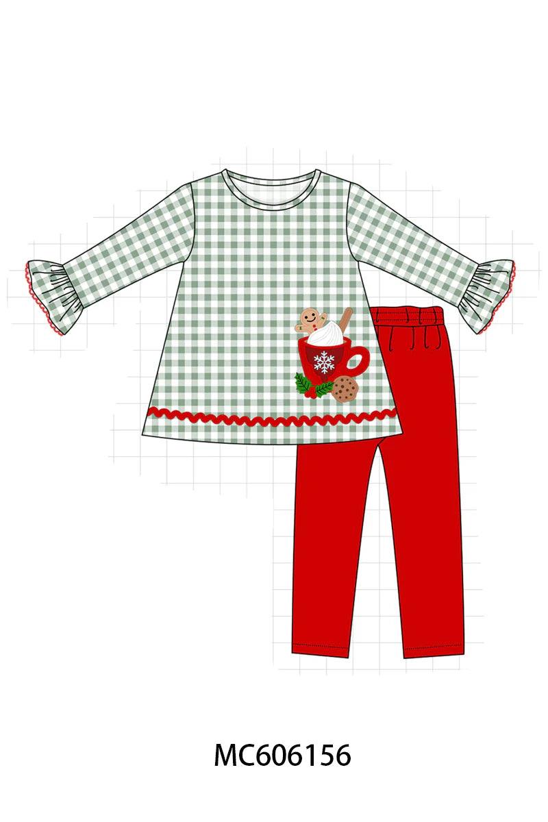 PO95 Red christmas gingerbread applique gingham collection - Girl Pant Set