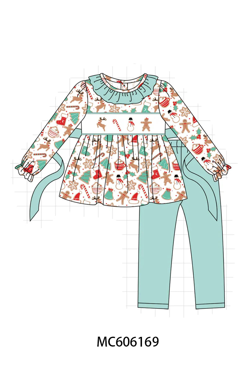 PO95 Mint christmas gingerbread embroidery collection - Girl Pant Set