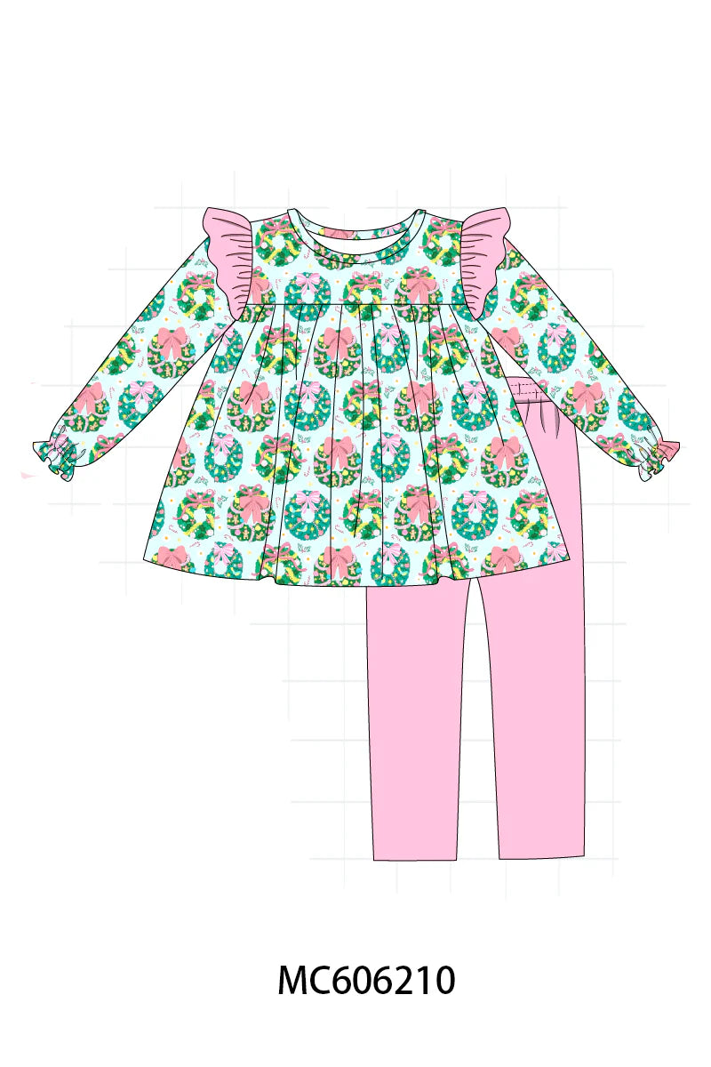 PO95 Green christmas wreath print collection - Girl Pant Set