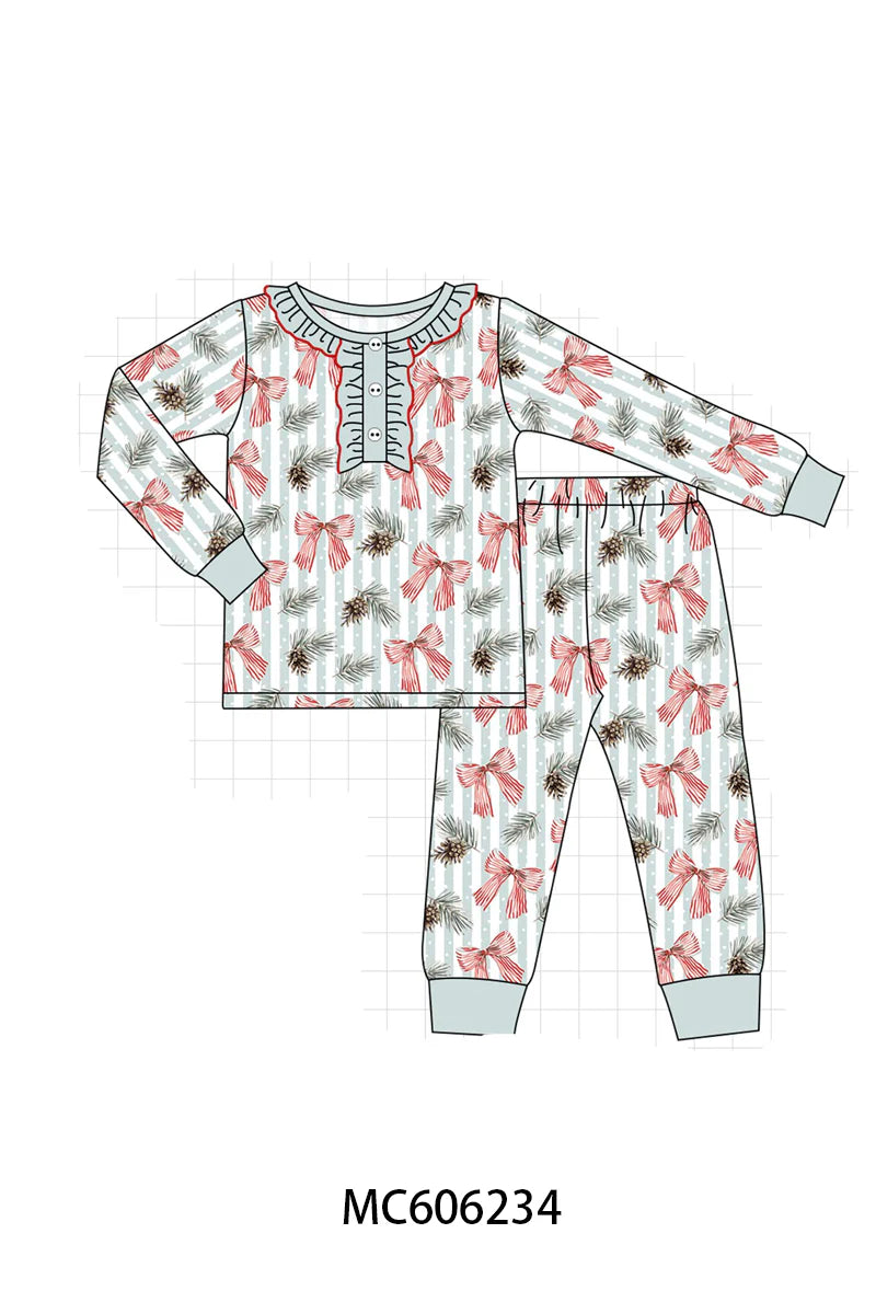 PO95 Sage bow print ruffle collection- Pant Set