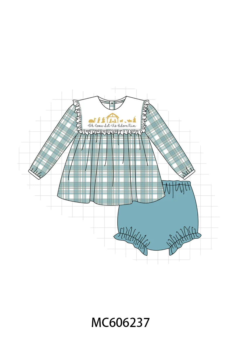 PO95 Teal nativity embroidery plaid collection - Bloomer Set
