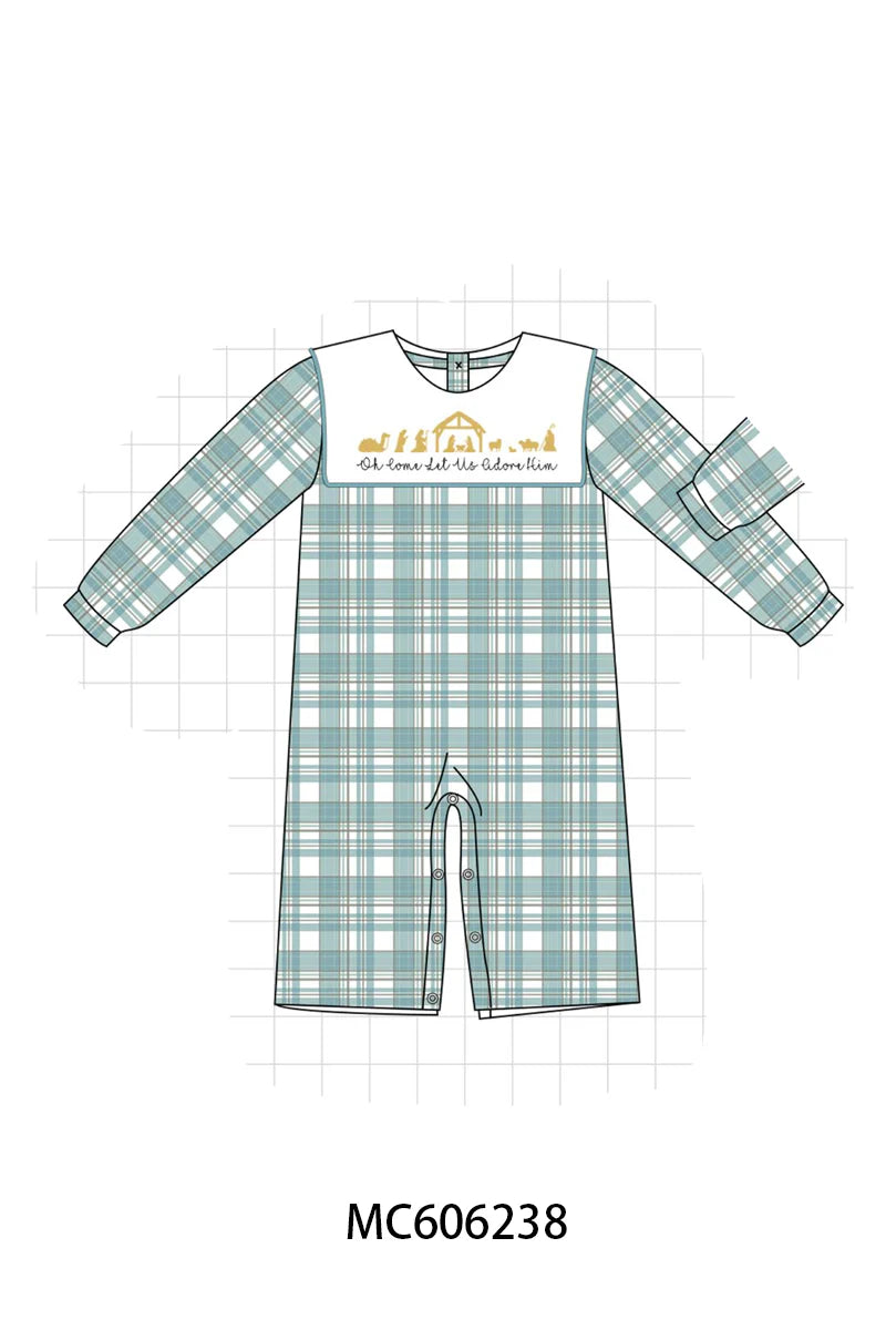 PO95 Teal nativity embroidery plaid collection - Boy Romper