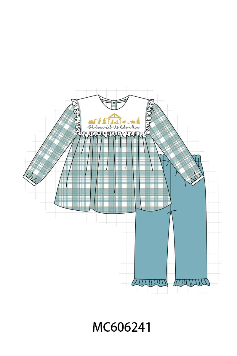 PO95 Teal nativity embroidery plaid collection- Girl Pant Set