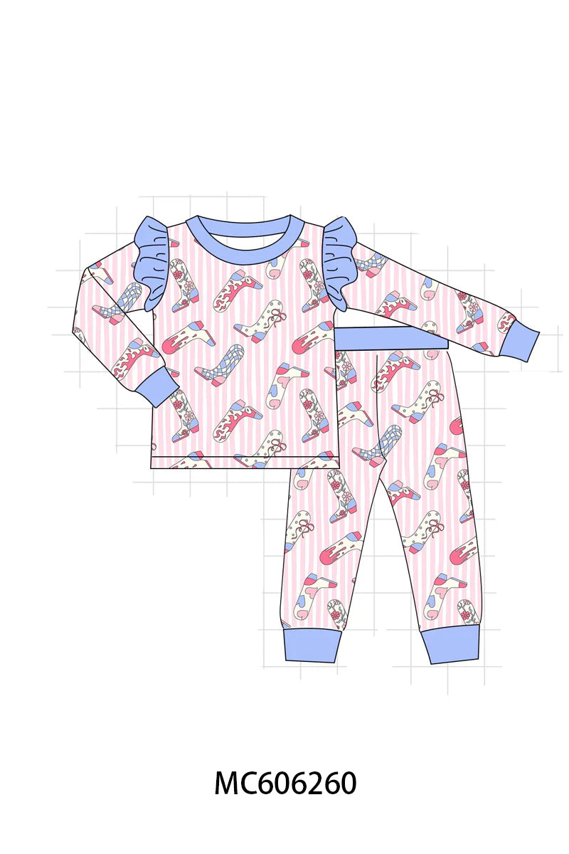 PO95 Blue western boots stripe bamboo collection - Pant Set with ruffles
