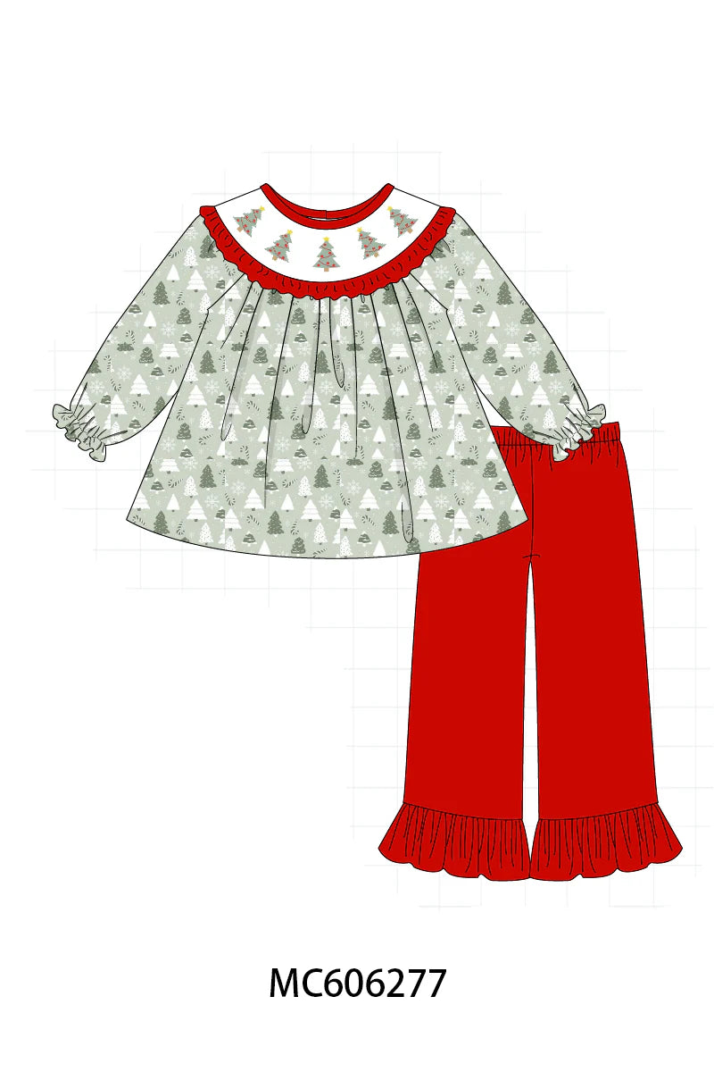 PO95 Green christmas tree embroidery collection- Girl Pant Set