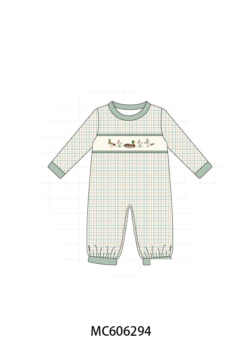 PO95 Sage duck embroidery plaid collection - Boy Romper