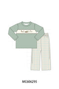 PO95 Sage duck embroidery plaid collection - Boy Pant Set