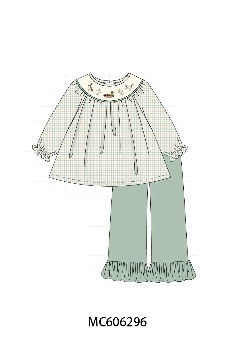 PO95 Sage duck embroidery plaid collection - Girl Pant Set