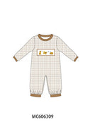 PO95 Brown puppy embroidery plaid collection - Boy Romper