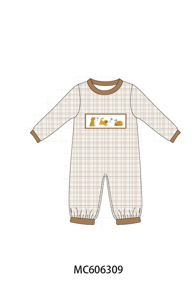 PO95 Brown puppy embroidery plaid collection - Boy Romper