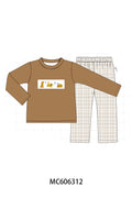 PO95 Brown puppy embroidery plaid collection - Boy Pant Set