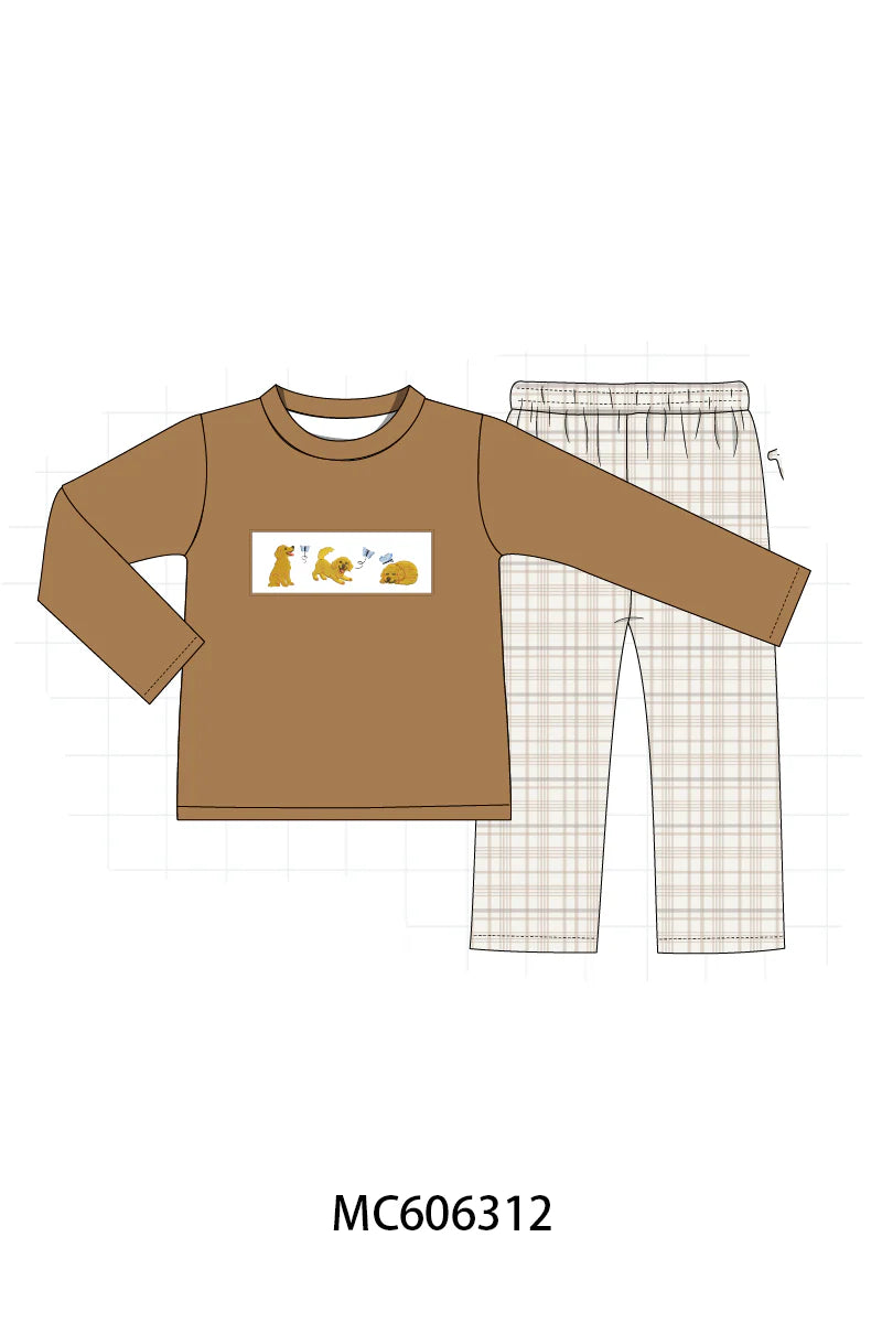 PO95 Brown puppy embroidery plaid collection - Boy Pant Set